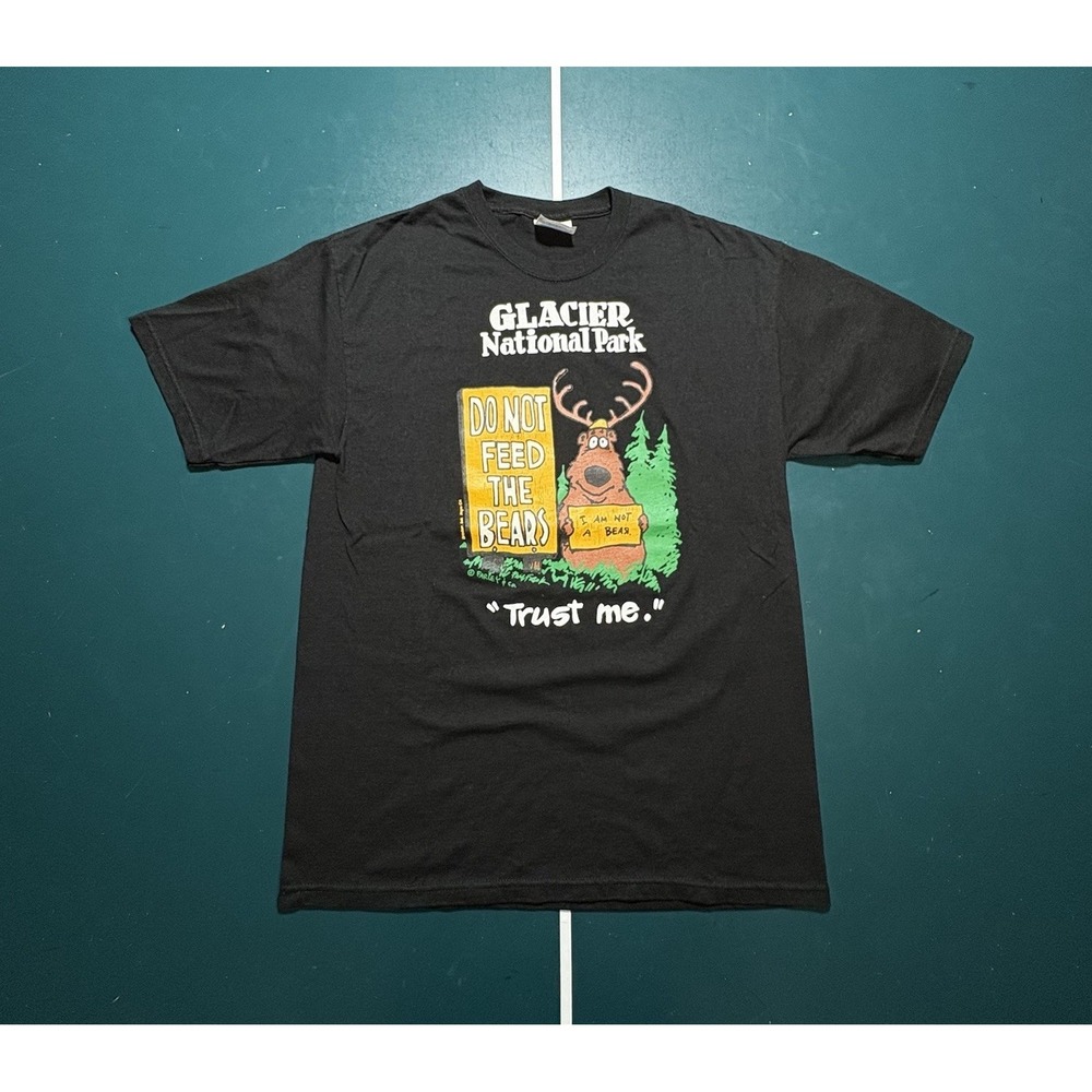 Vintage Glacier National Park T Shirt Mens Medium Don't Feed The Bears Black 90s